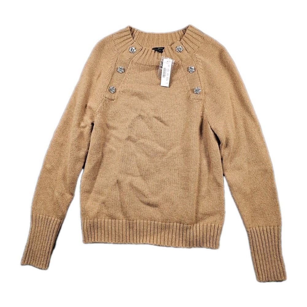 J.Crew Womens Small Camel Jeweled Button Sweater Lambswool Blend Style K5299 NWT